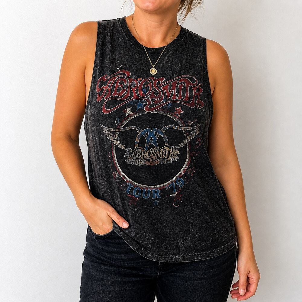 Project Karma Black Aerosmith Graphic Band Distressed Tank Sz L